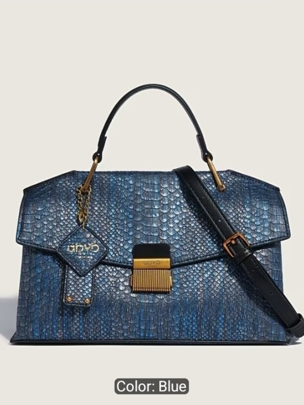 Blue Embossed Top-Handle Satchel with Gold Hardware